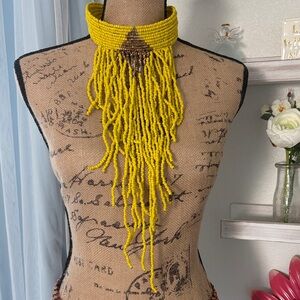 Handmade Yellow Beaded Fringe Choker Necklace